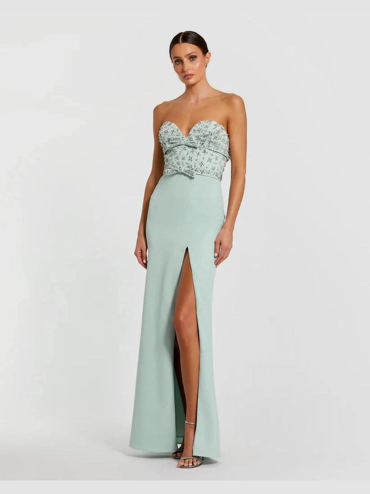 Strapless Crepe Fitted Gown With Rhinestones