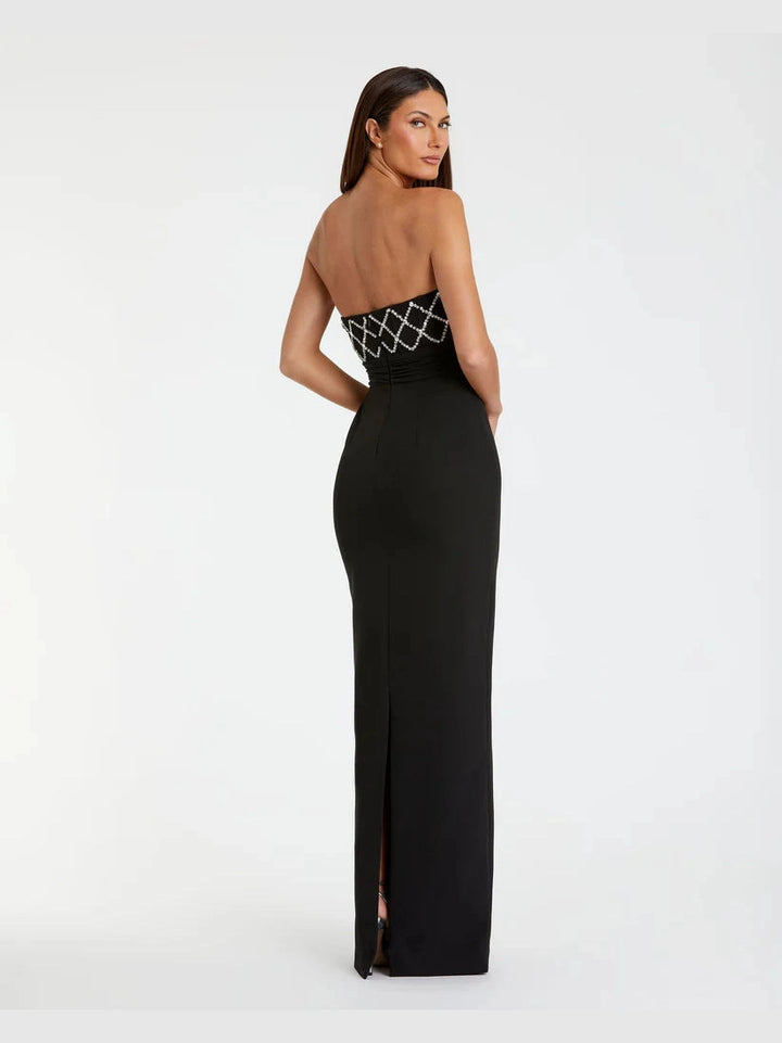 Strapless Crepe Embellished Bustier Gown With Bow