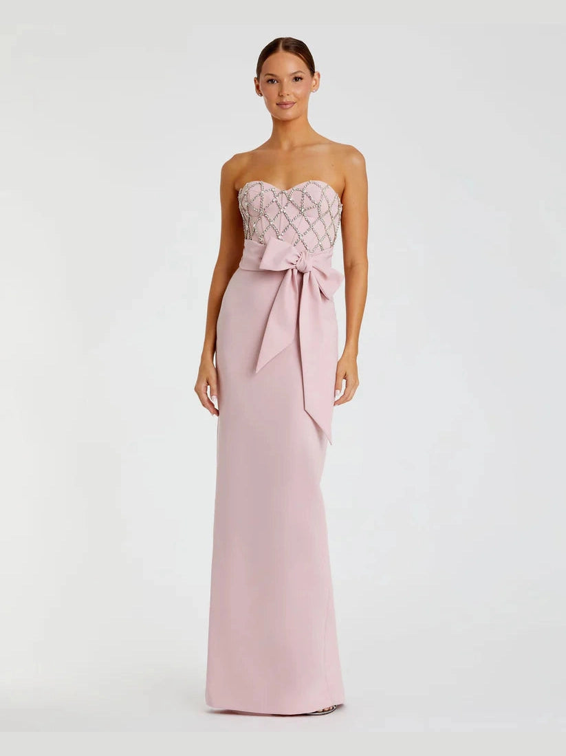 Strapless Crepe Embellished Bustier Gown With Bow