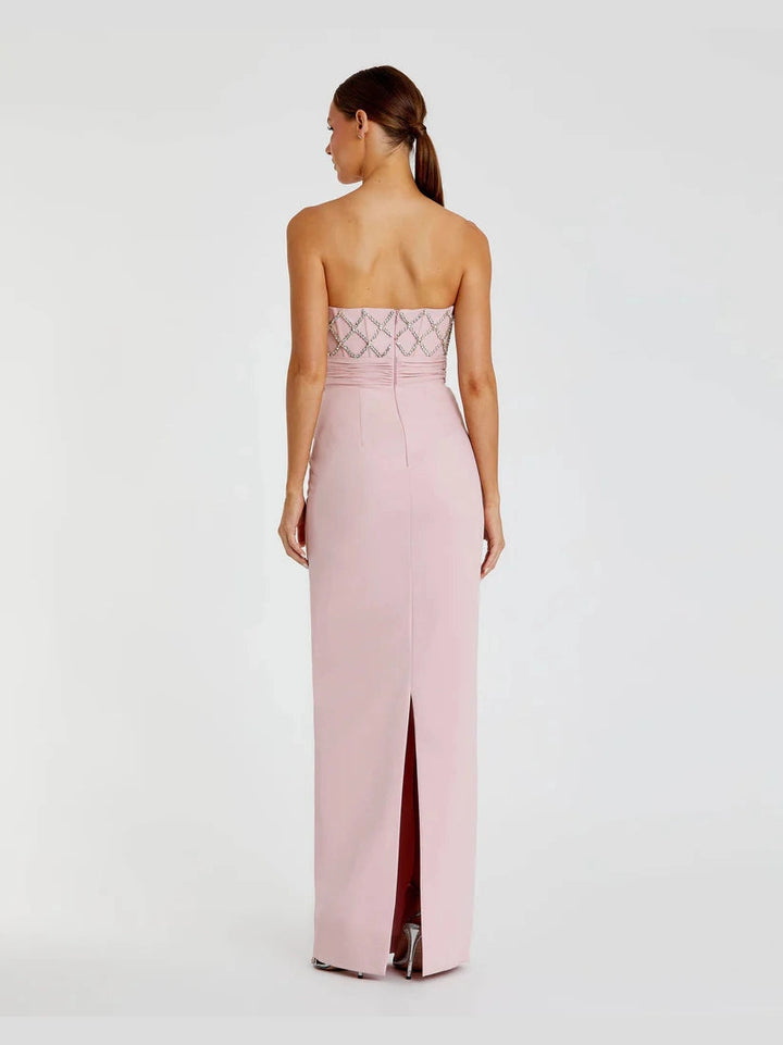 Strapless Crepe Embellished Bustier Gown With Bow