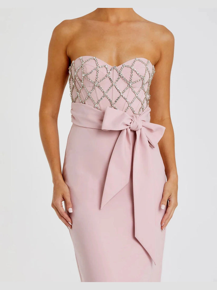 Strapless Crepe Embellished Bustier Gown With Bow