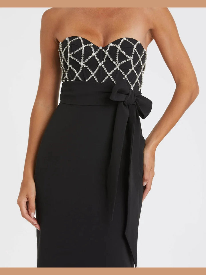 Strapless Crepe Embellished Bustier Gown With Bow