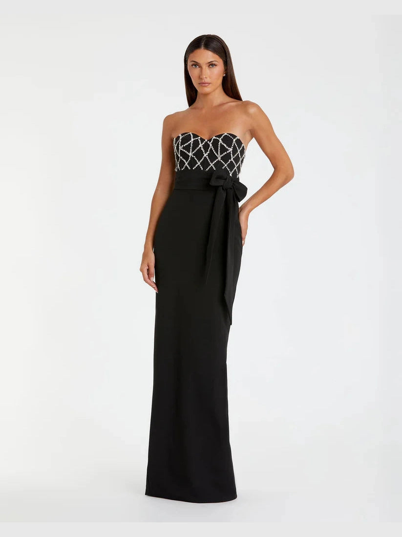 Strapless Crepe Embellished Bustier Gown With Bow