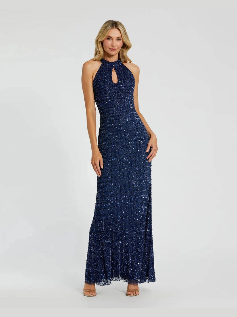 Embellished Halter Neck Keyhole Gown