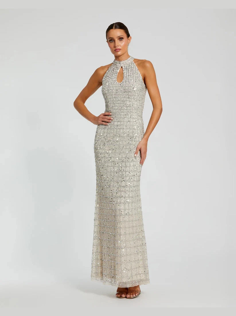 Embellished Halter Neck Keyhole Gown