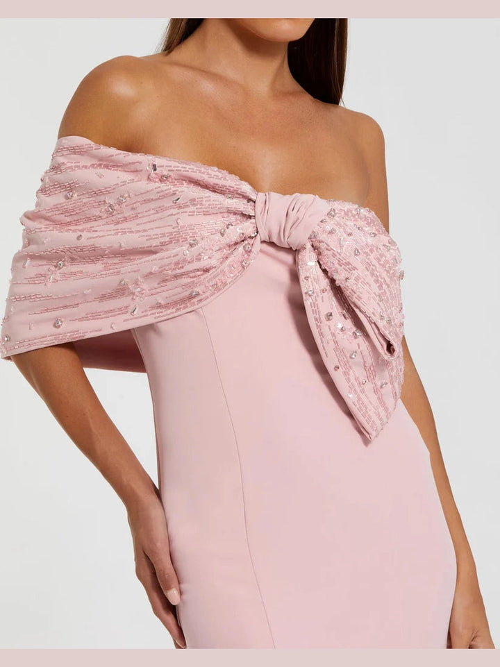 Pink Beaded Off The Shoulder Bow Satin Mermaid Gown