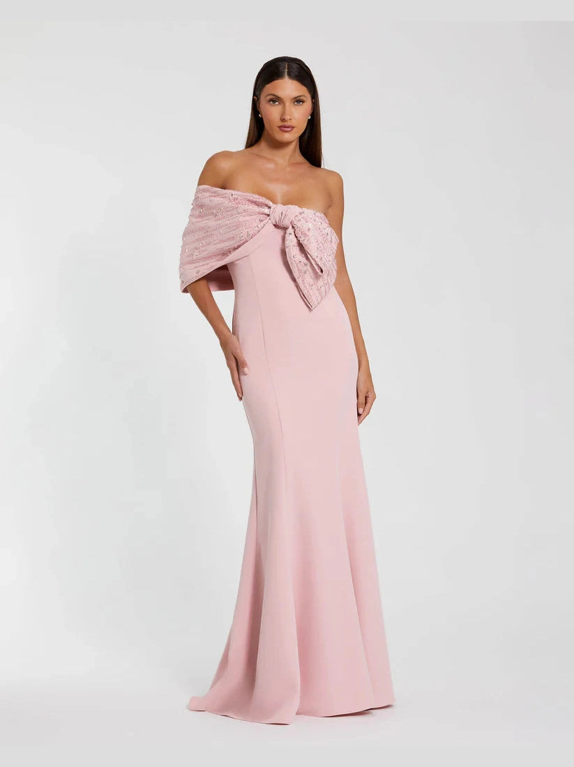 Pink Beaded Off The Shoulder Bow Satin Mermaid Gown