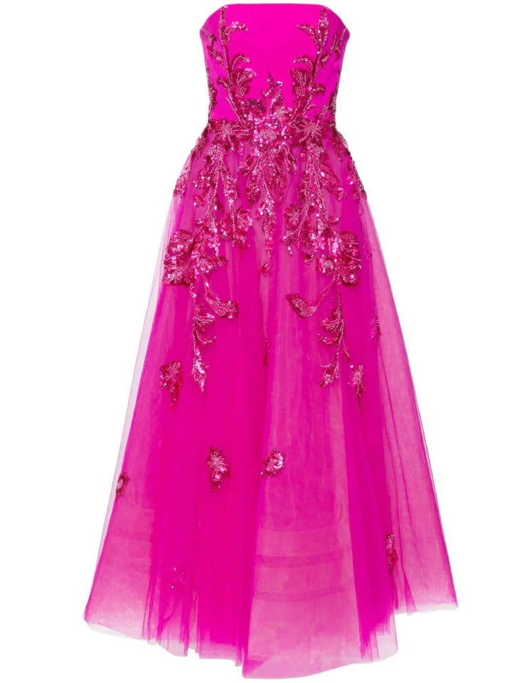 FUSCHIA STRAPLESS CREPE DESS