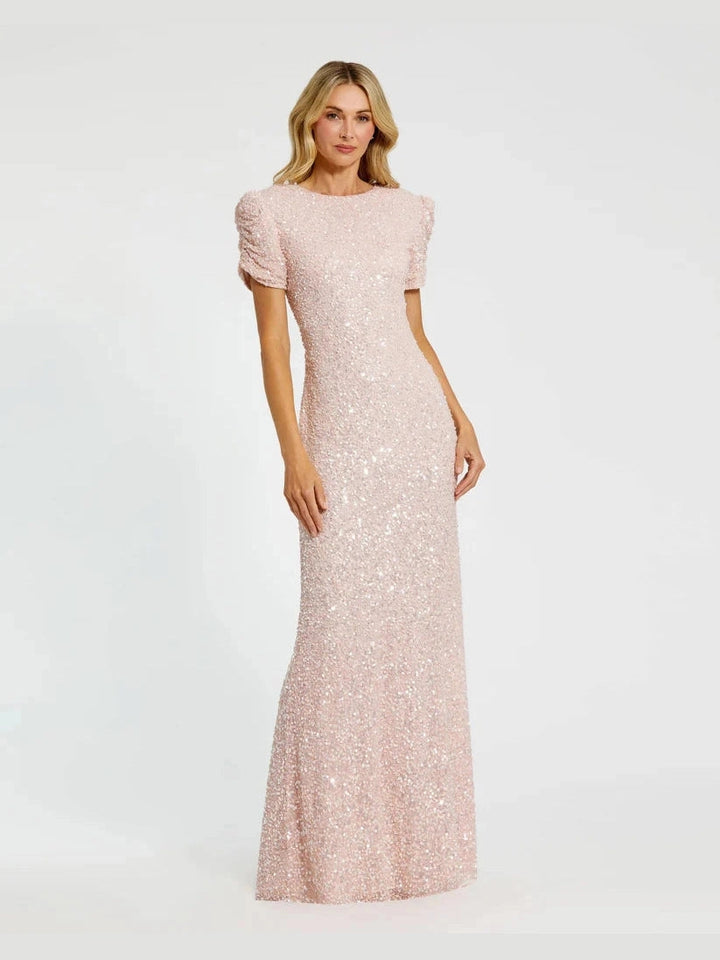 Gathered Short Sleeve Beaded Gown