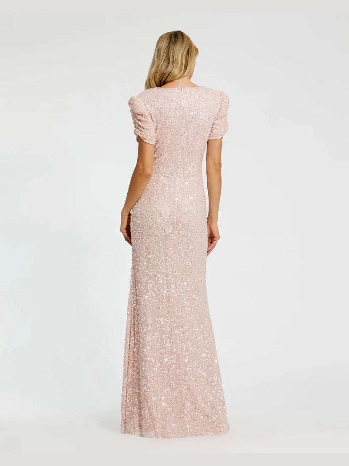 Gathered Short Sleeve Beaded Gown