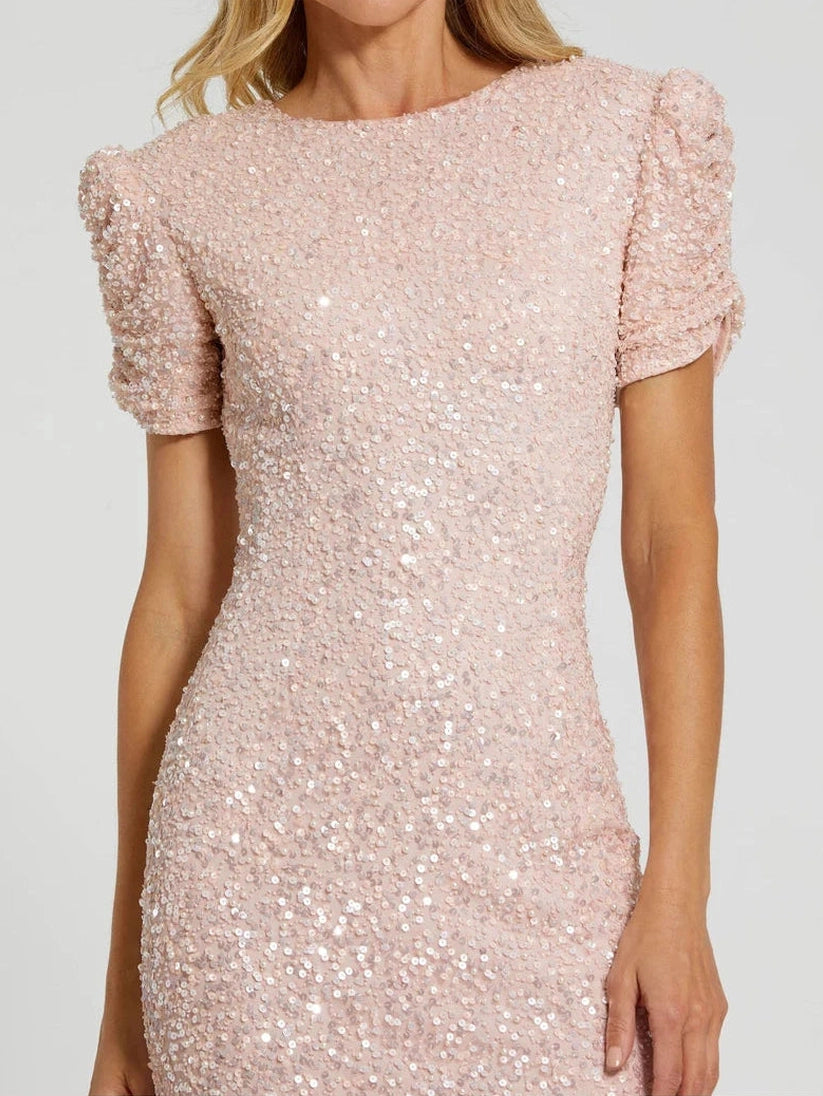 Gathered Short Sleeve Beaded Gown