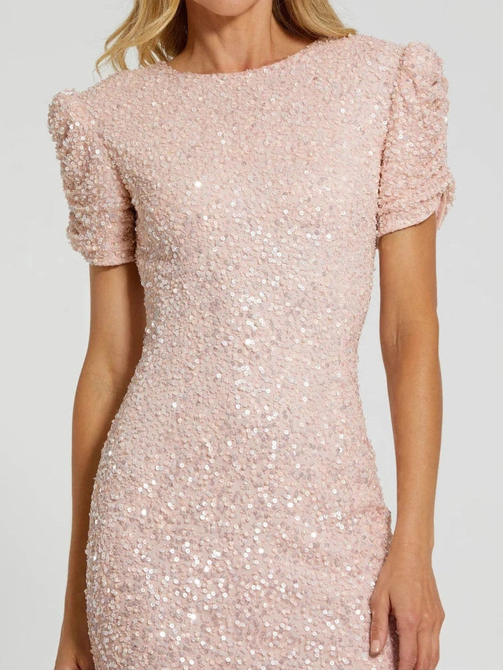 Gathered Short Sleeve Beaded Gown