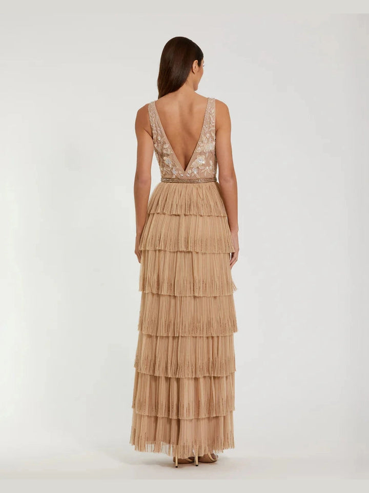Beaded Mesh V Neck Gown With Tiered Ruffles