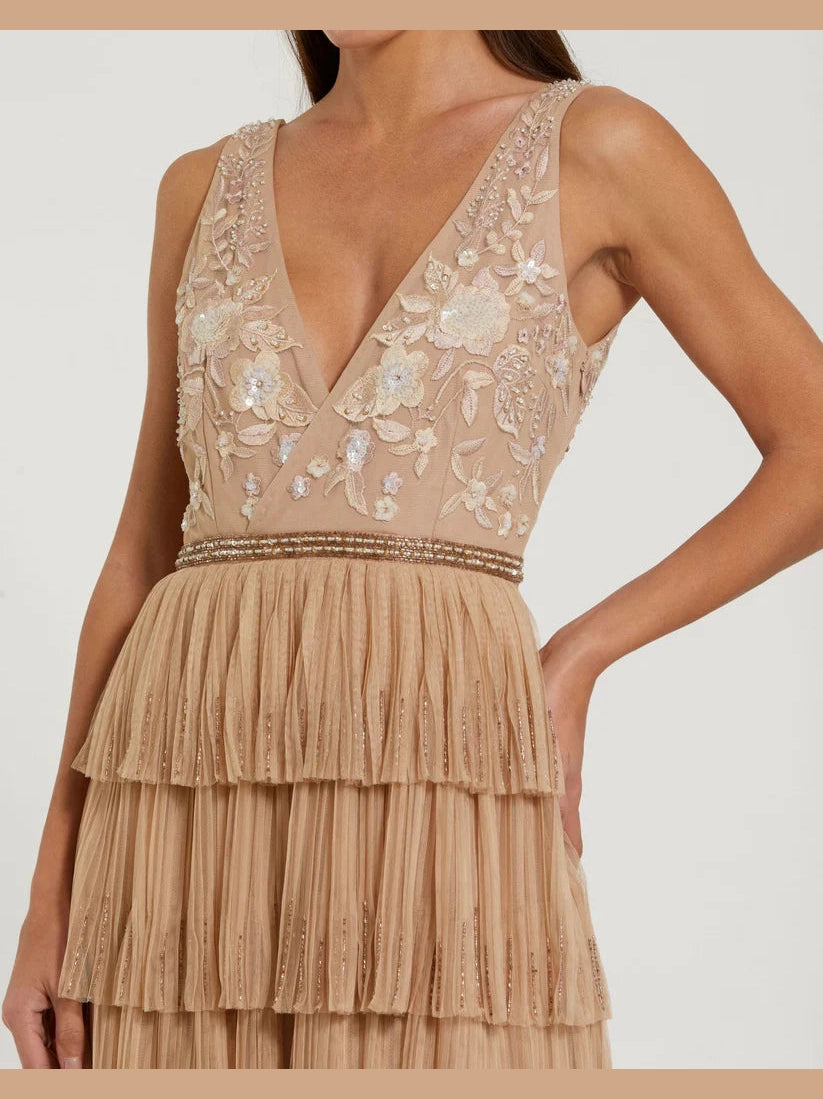Beaded Mesh V Neck Gown With Tiered Ruffles