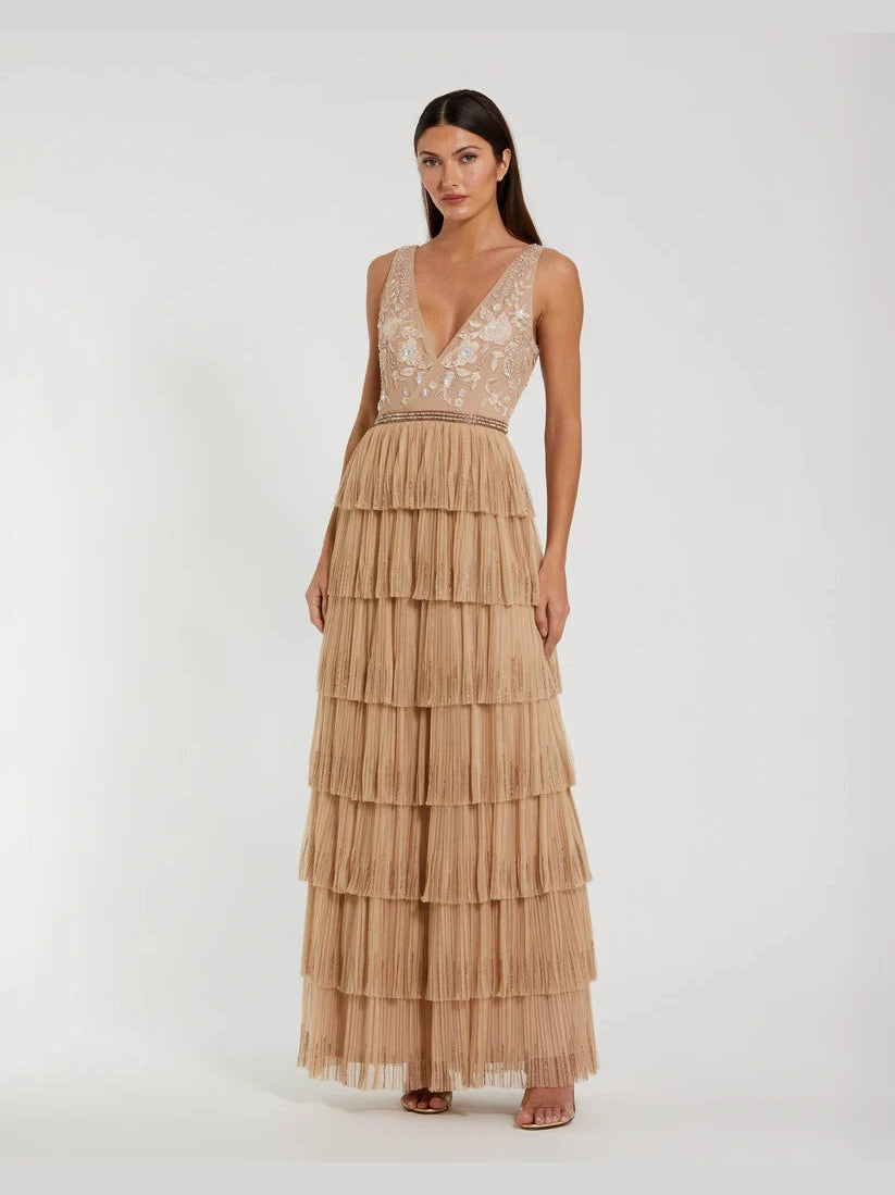 Beaded Mesh V Neck Gown With Tiered Ruffles