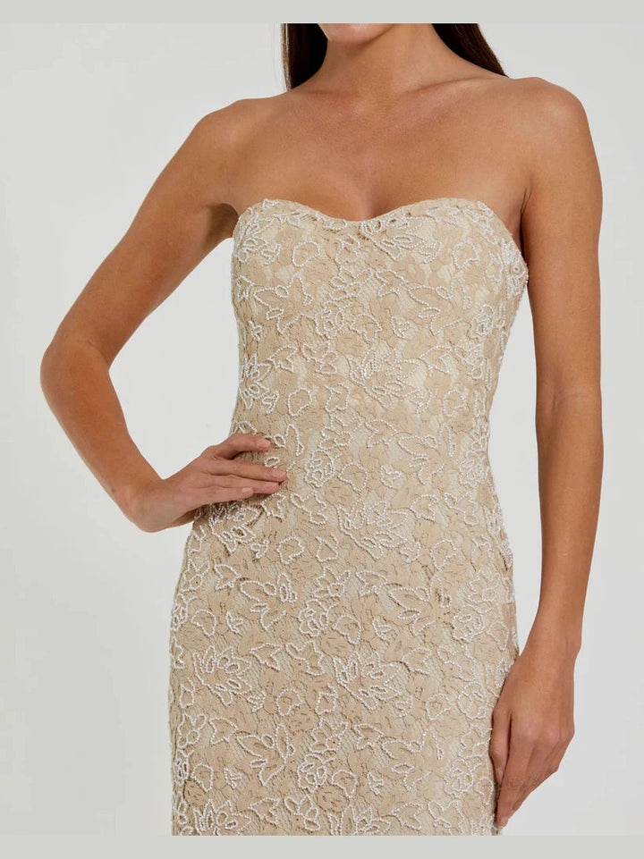 Strapless Beaded Lace Fitted Column Gown