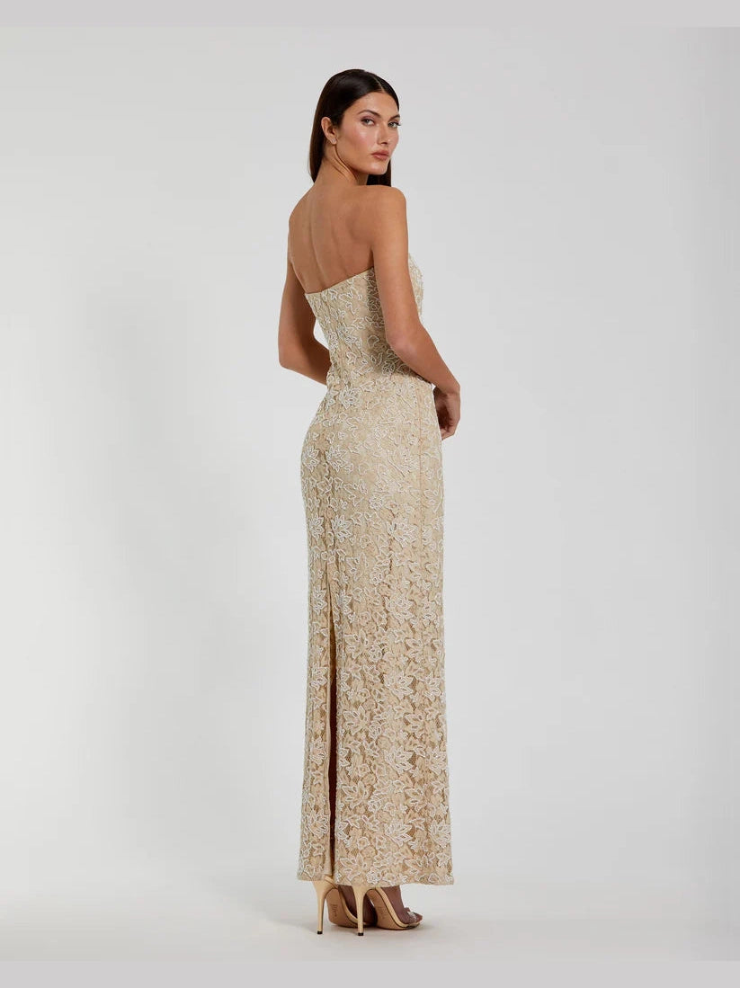 Strapless Beaded Lace Fitted Column Gown