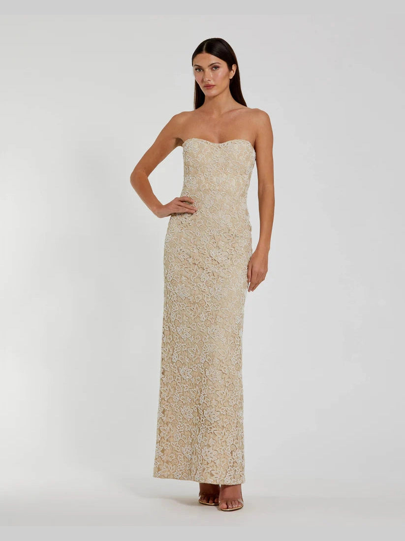 Strapless Beaded Lace Fitted Column Gown
