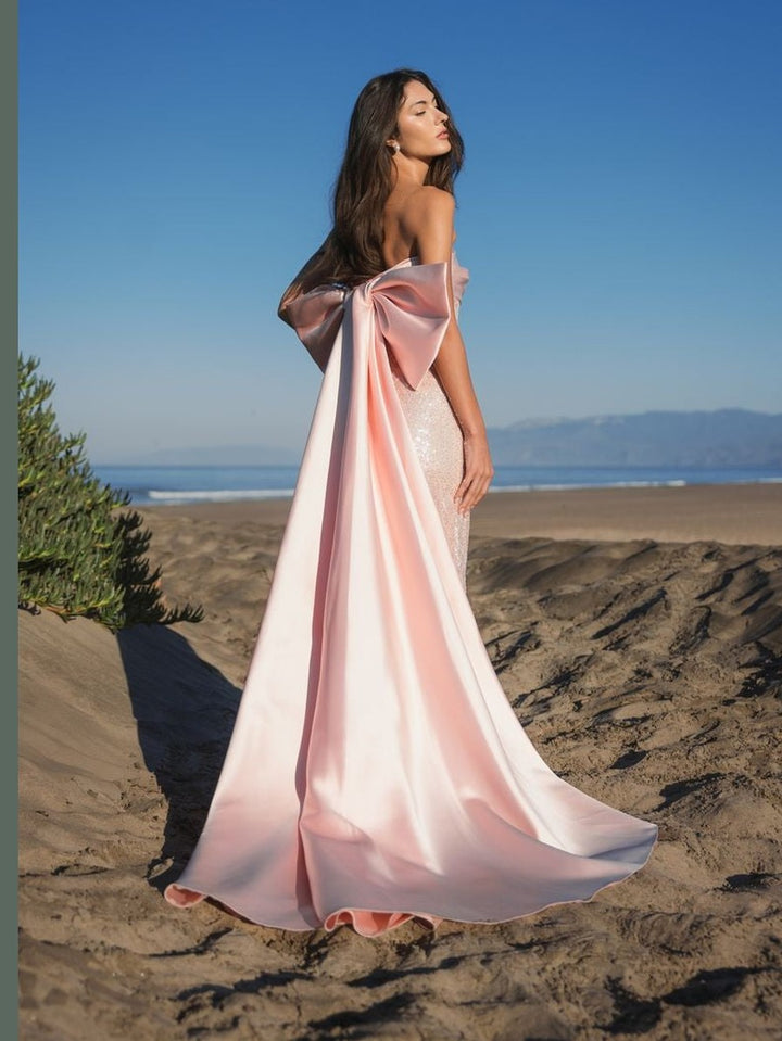 Strapless Embellished Gown With Back Bow Detail