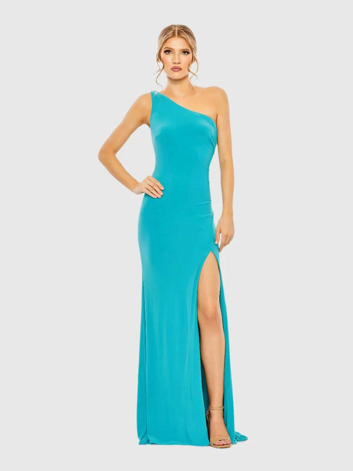 Jersey One Shoulder Draped Back Gown
