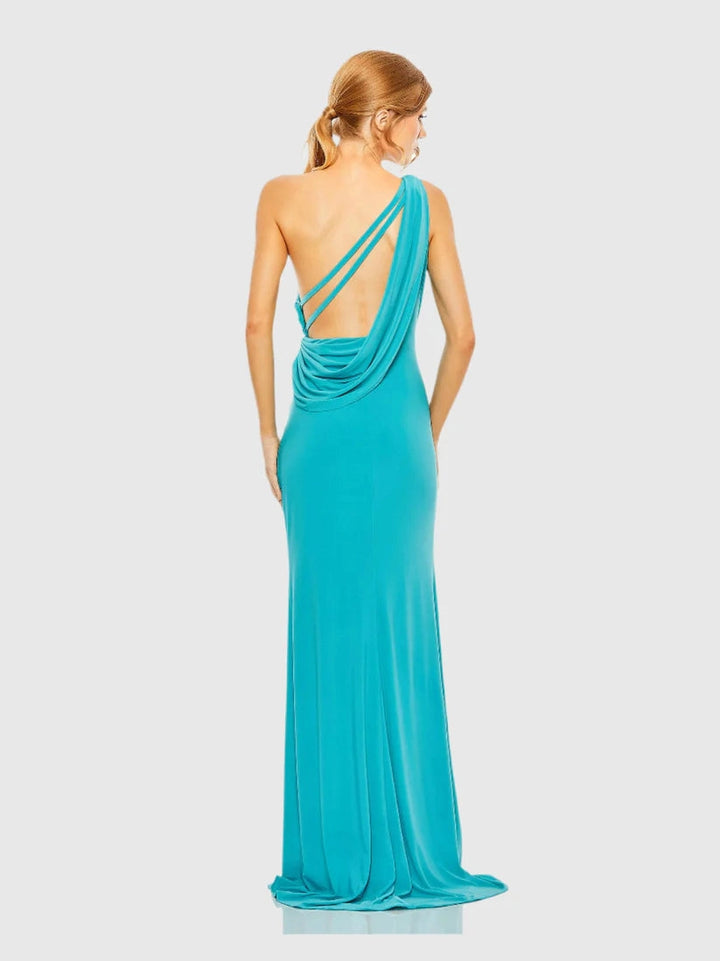 Jersey One Shoulder Draped Back Gown