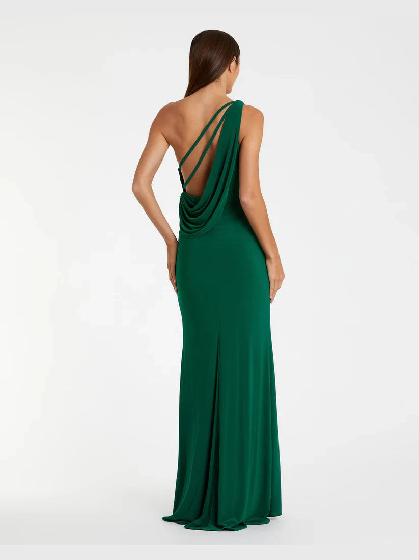 Jersey One Shoulder Draped Back Gown