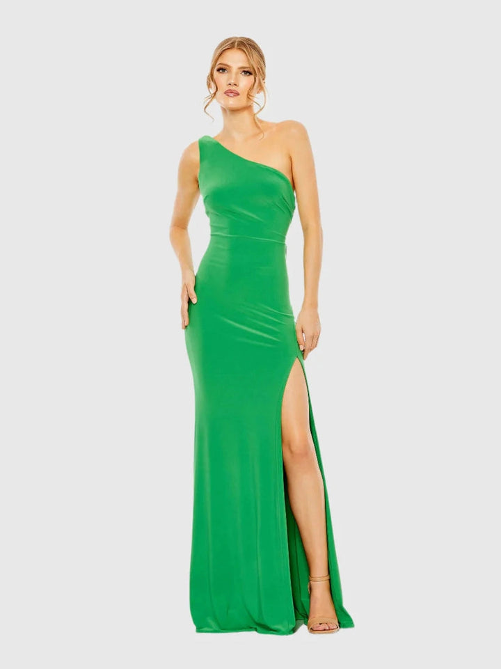 Jersey One Shoulder Draped Back Gown