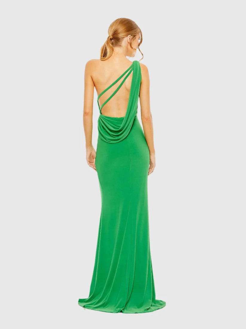 Jersey One Shoulder Draped Back Gown