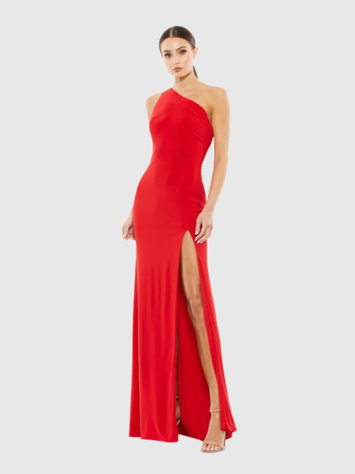 Jersey One Shoulder Draped Back Gown
