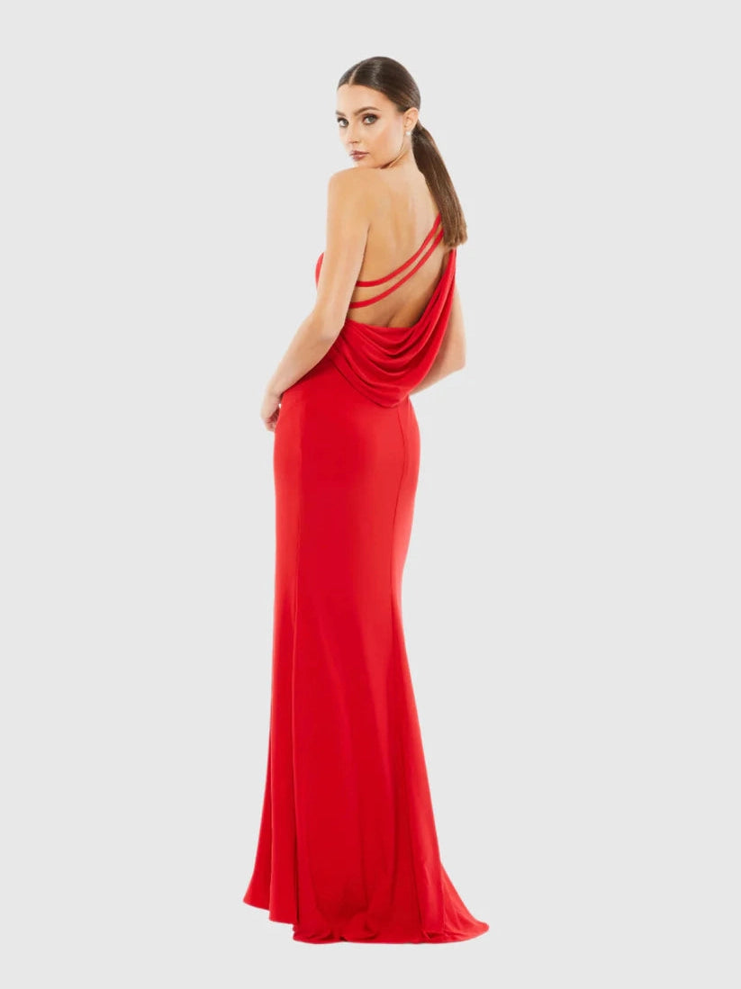 Jersey One Shoulder Draped Back Gown