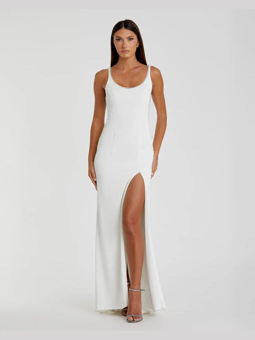 Sleeveless Crystal Scoop Neckline Column Gown with High Slit