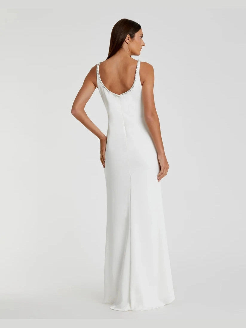 Sleeveless Crystal Scoop Neckline Column Gown with High Slit