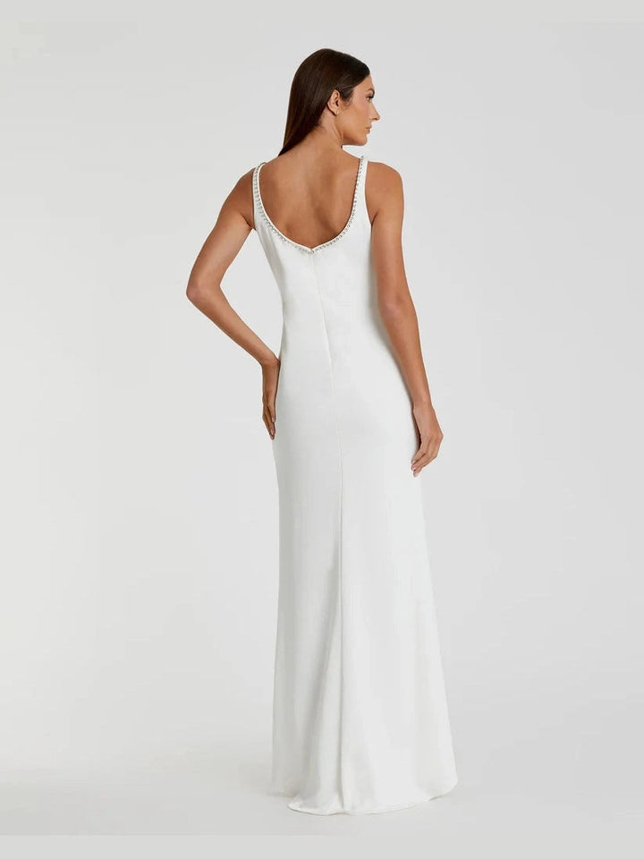 Sleeveless Crystal Scoop Neckline Column Gown with High Slit