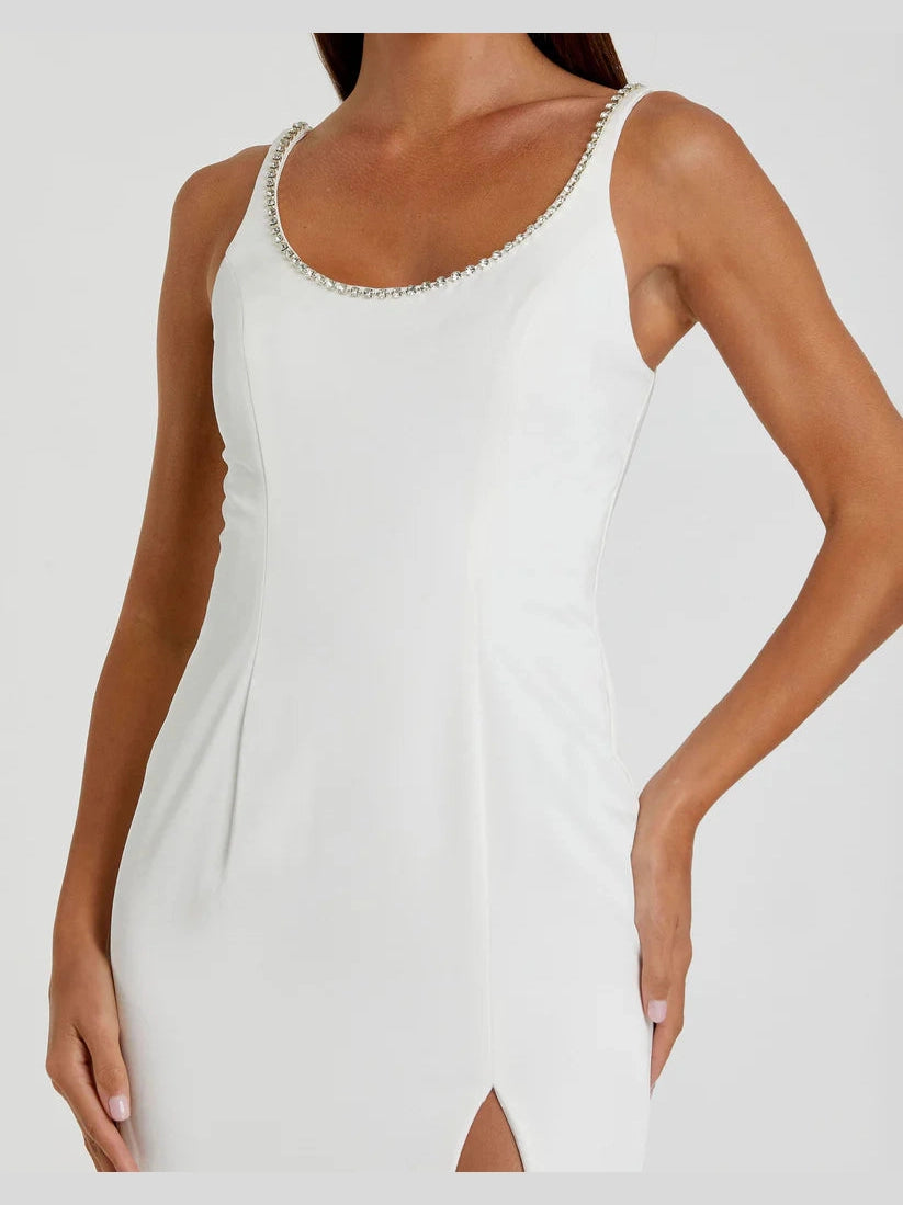 Sleeveless Crystal Scoop Neckline Column Gown with High Slit