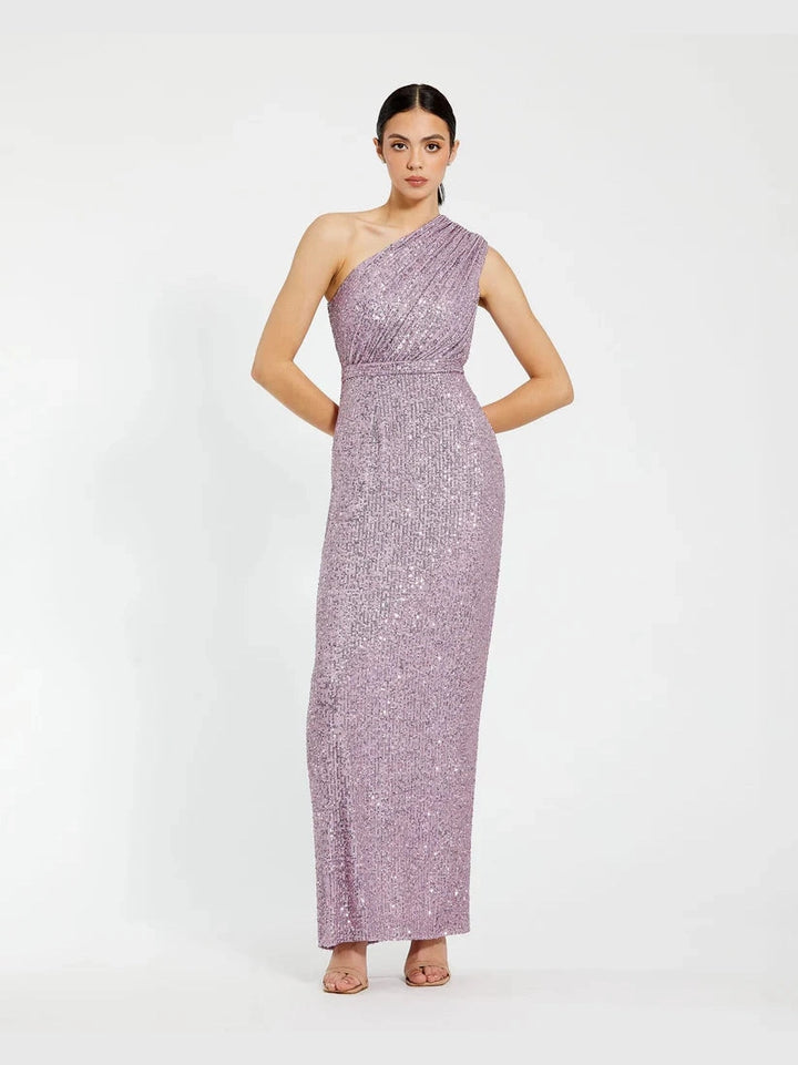 Sequined Ruched One Shoulder Gown