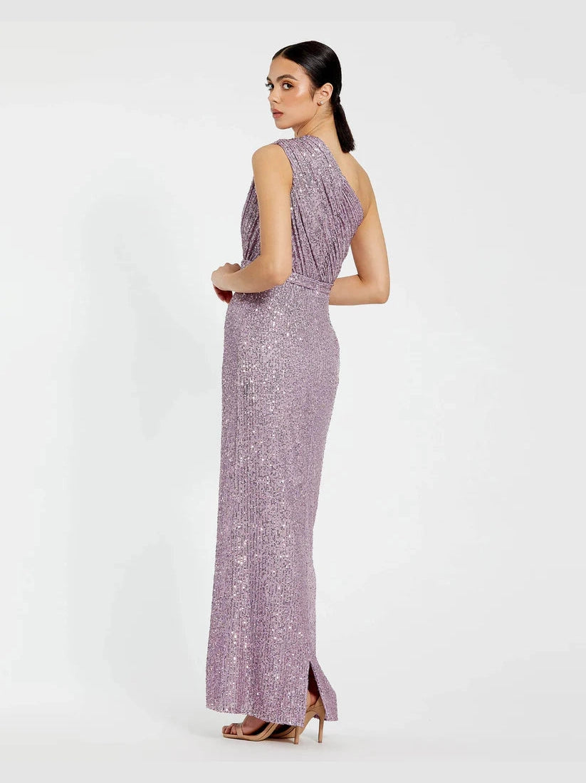 Sequined Ruched One Shoulder Gown