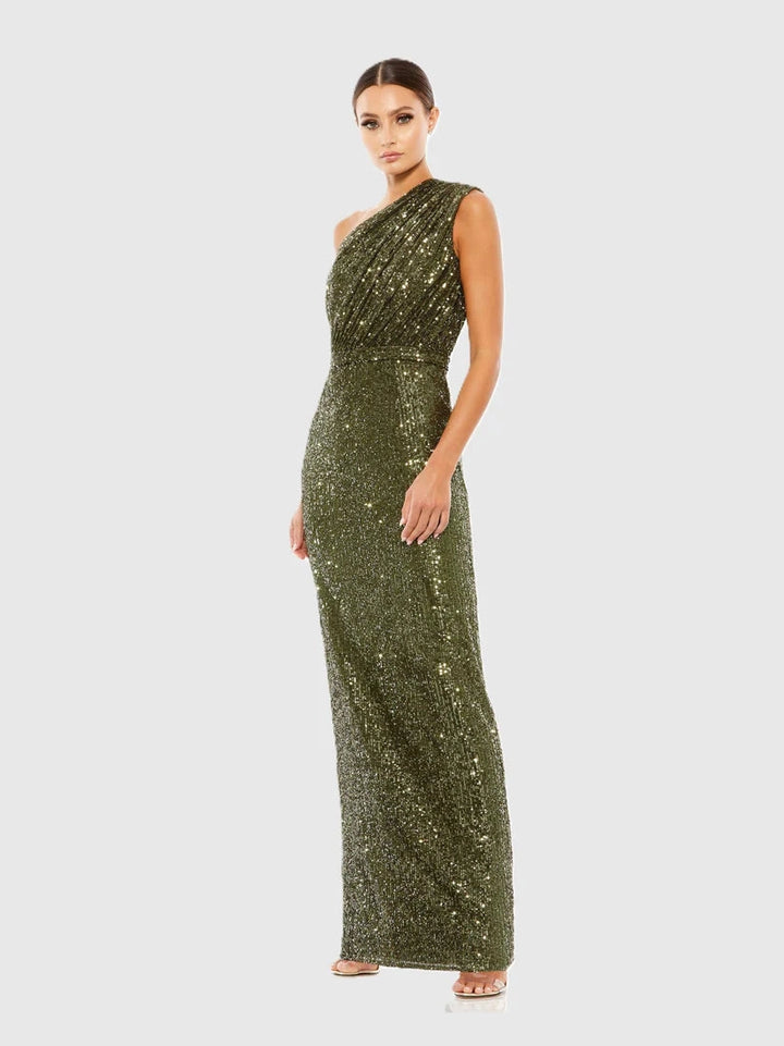 Sequined Ruched One Shoulder Gown