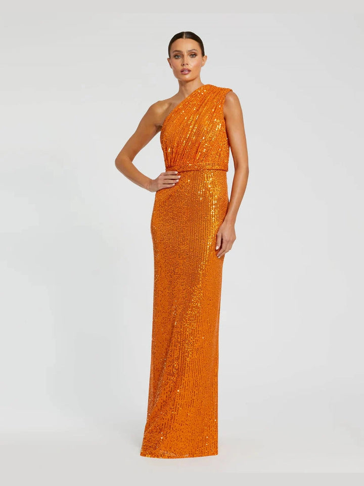 Sequined Ruched One Shoulder Gown