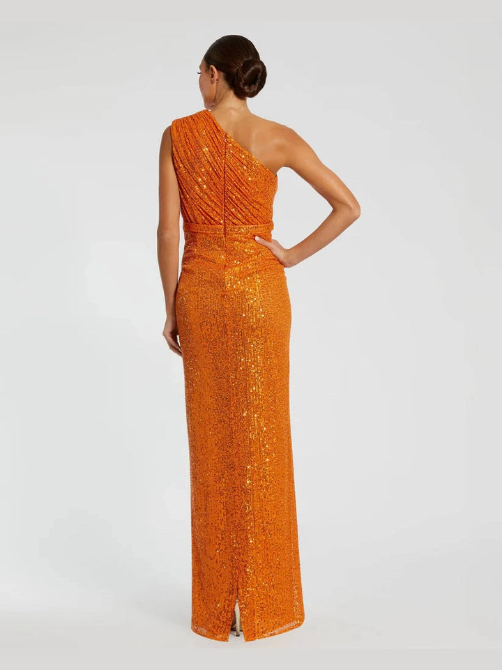 Sequined Ruched One Shoulder Gown