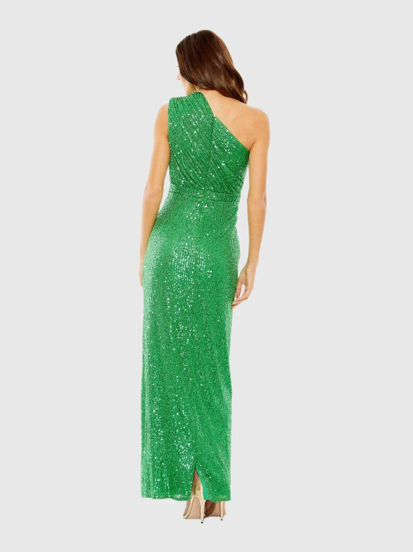Sequined Ruched One Shoulder Gown
