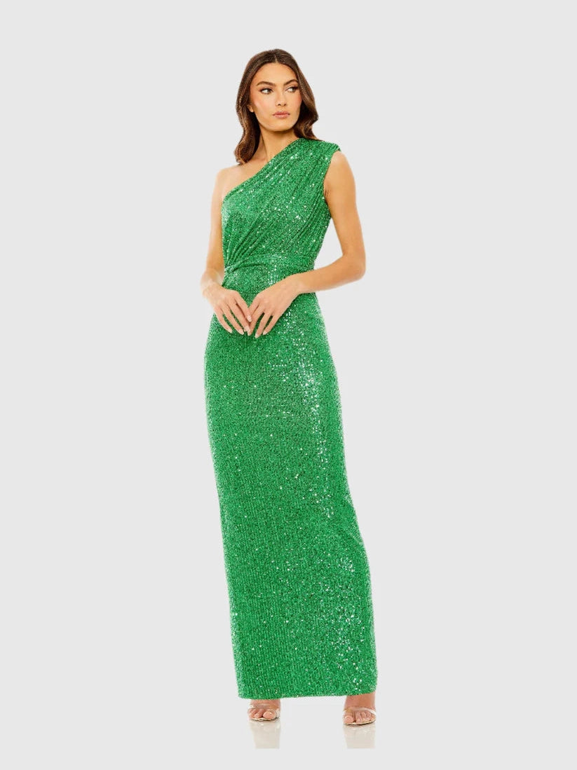 Sequined Ruched One Shoulder Gown