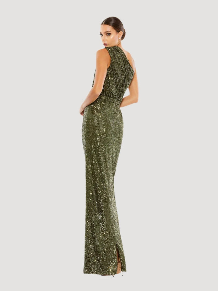 Sequined Ruched One Shoulder Gown