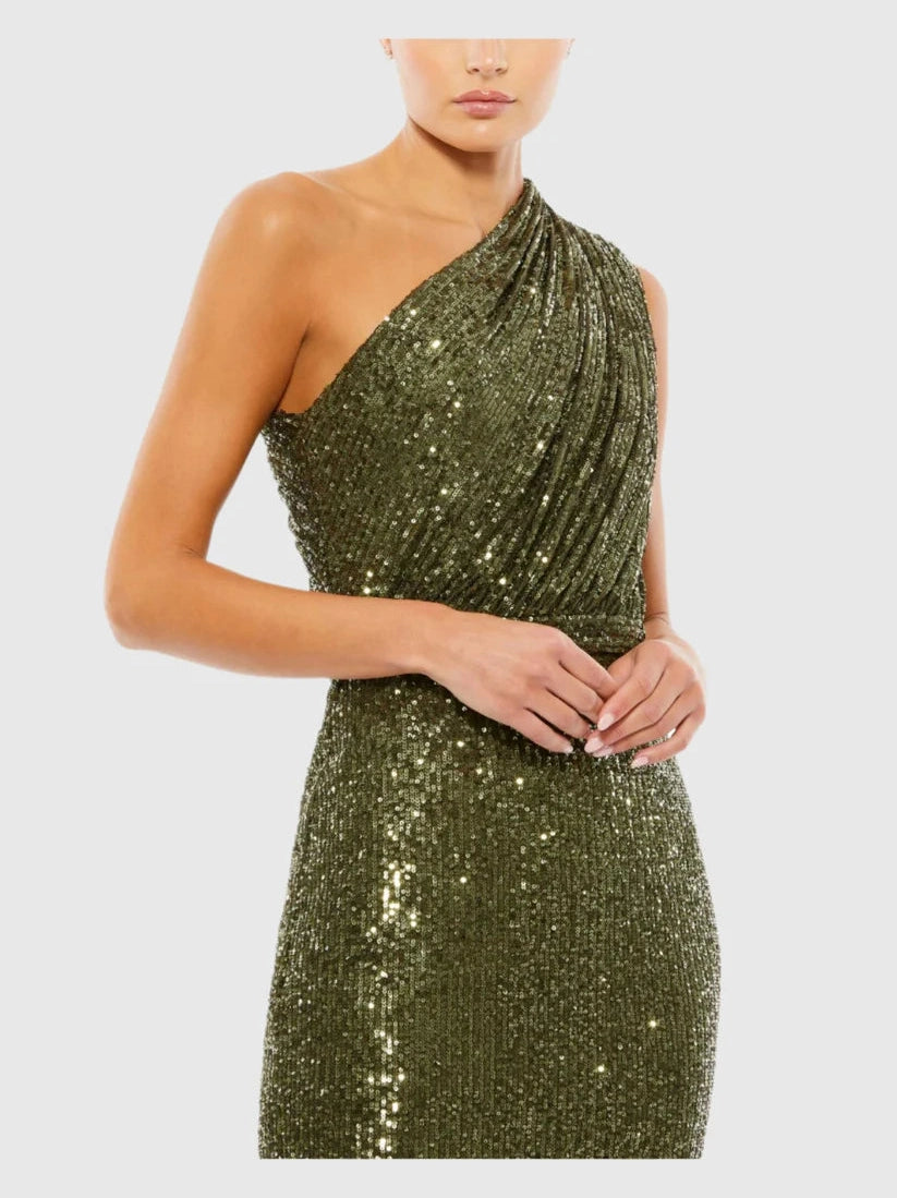 Sequined Ruched One Shoulder Gown