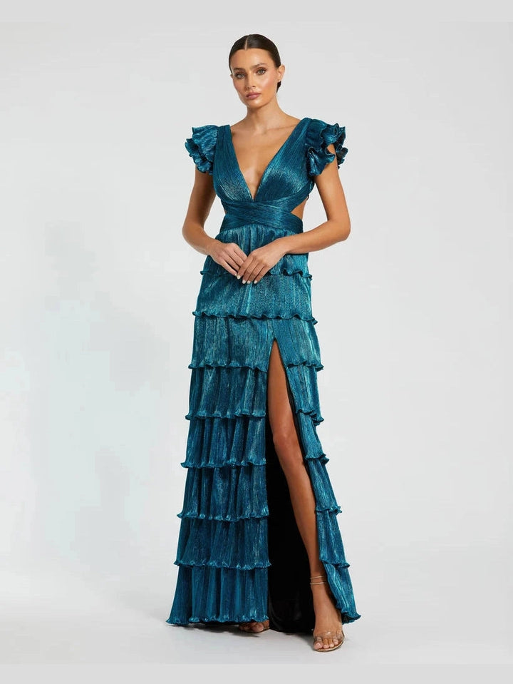 Ruffle Tiered Criss Cross Lace Up Gown