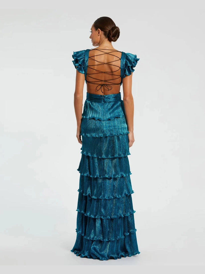 Ruffle Tiered Criss Cross Lace Up Gown