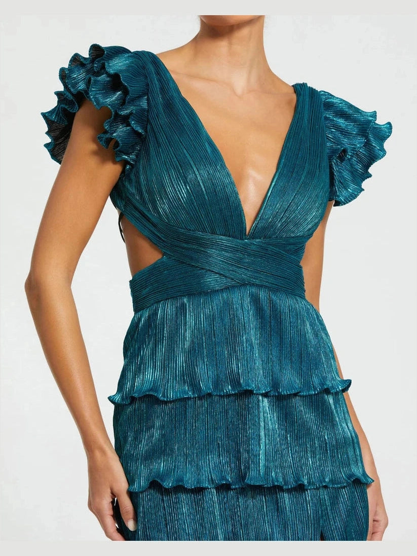 Ruffle Tiered Criss Cross Lace Up Gown