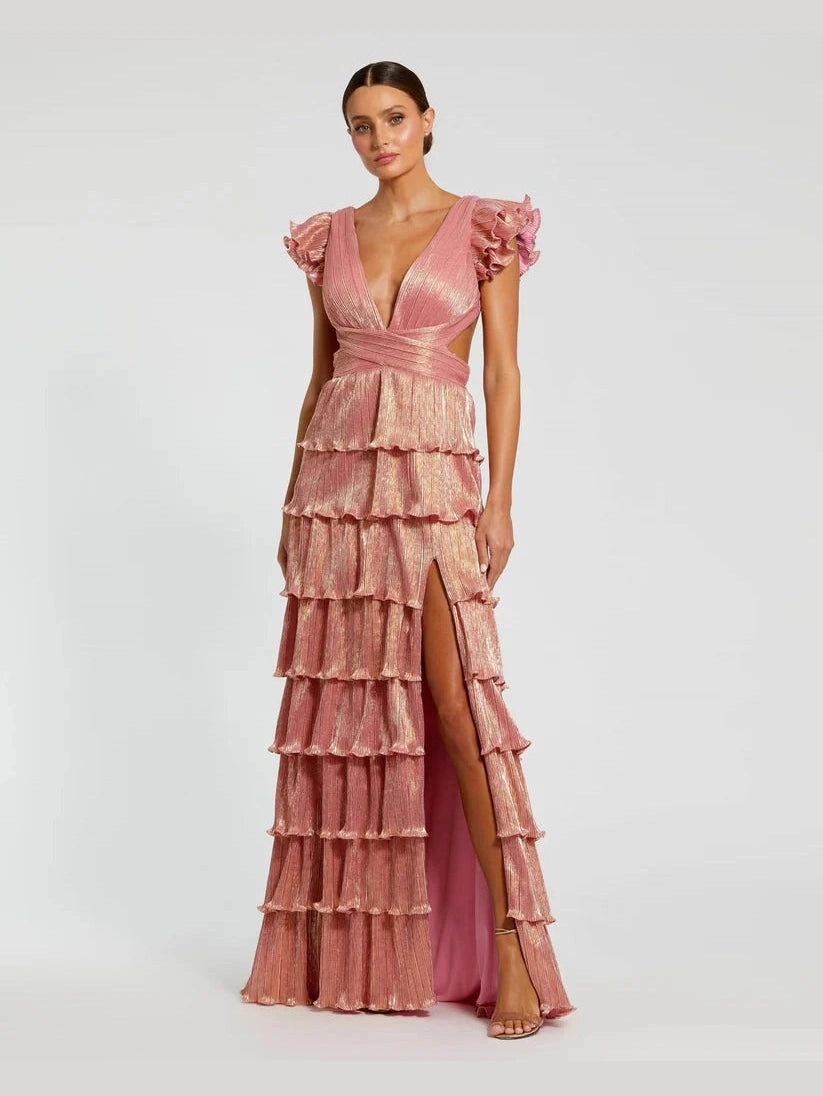 Ruffle Tiered Criss Cross Lace Up Gown