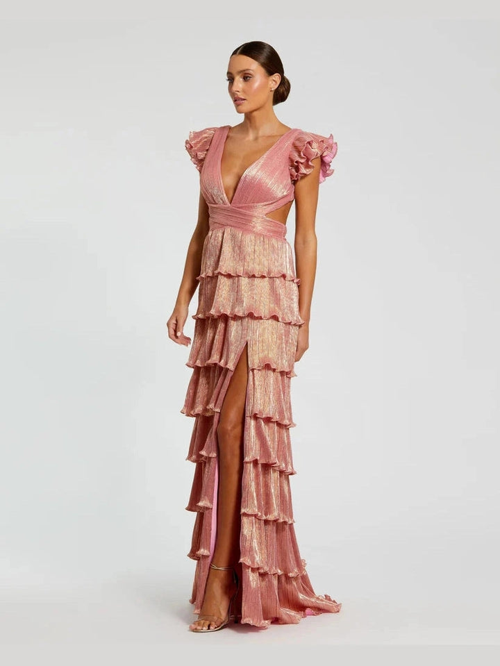 Ruffle Tiered Criss Cross Lace Up Gown