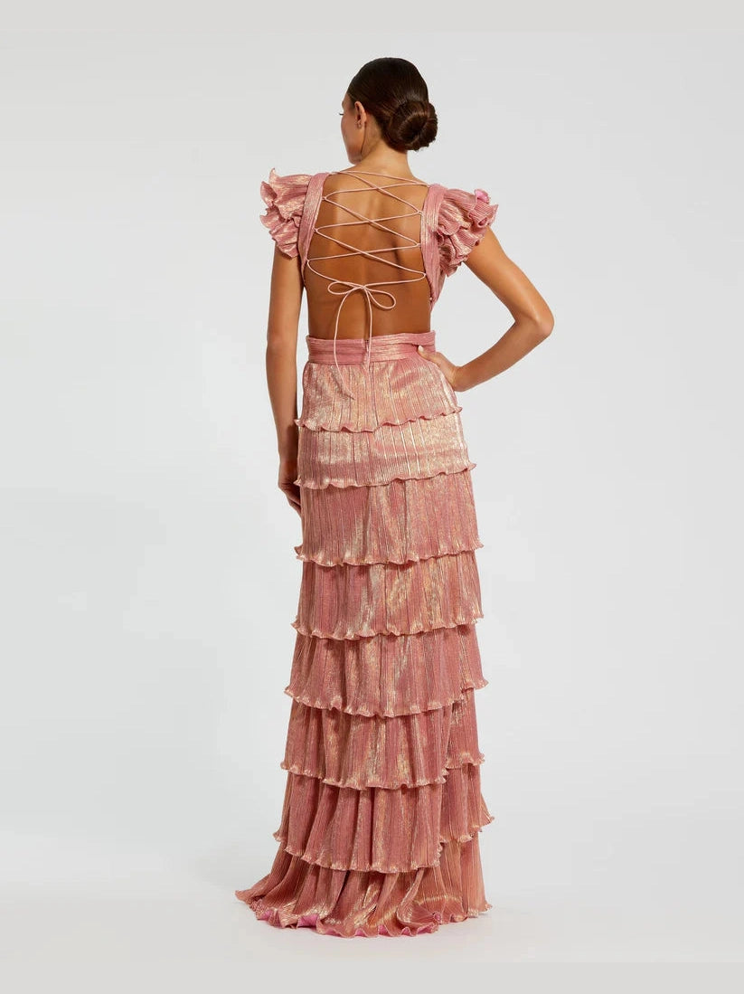 Ruffle Tiered Criss Cross Lace Up Gown