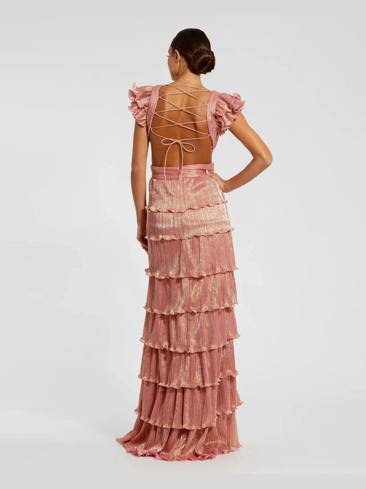 Ruffle Tiered Criss Cross Lace Up Gown